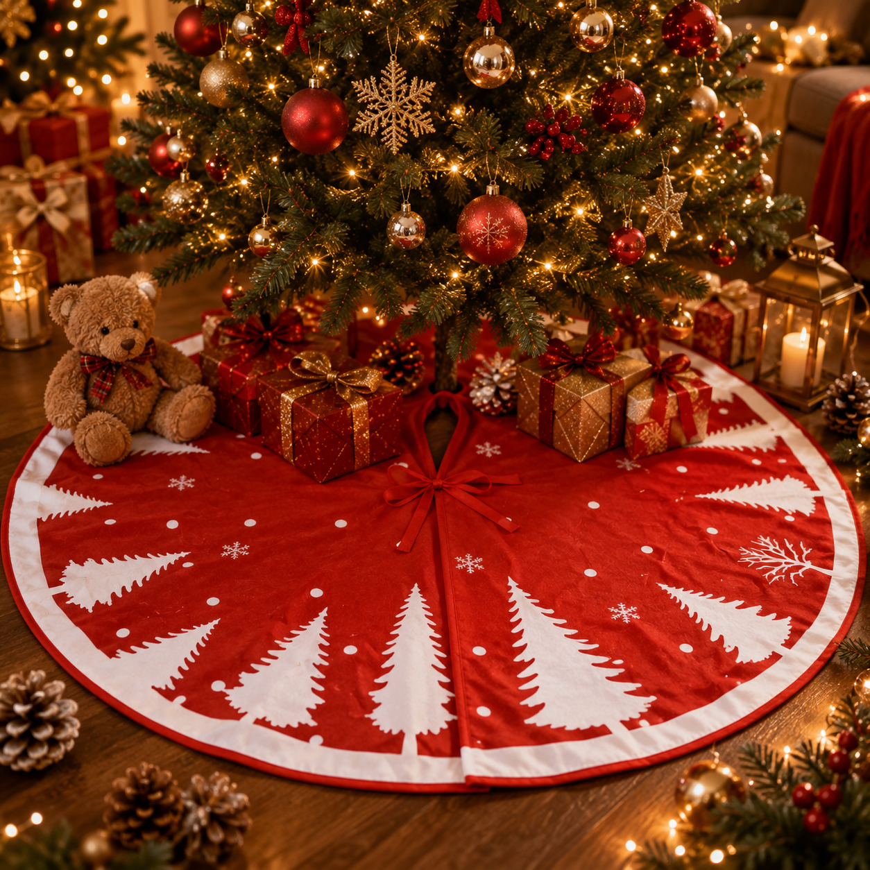 90 cm Christmas Tree Skirt Mat – Red Fabric with White Christmas Tree Print