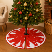 90 cm Christmas Tree Skirt Mat – Red Fabric with White Christmas Tree Print
