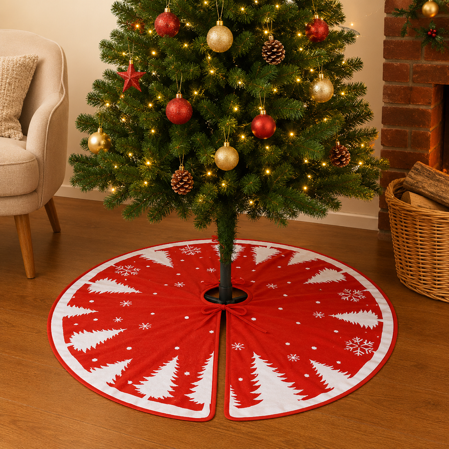 90 cm Christmas Tree Skirt Mat – Red Fabric with White Christmas Tree Print