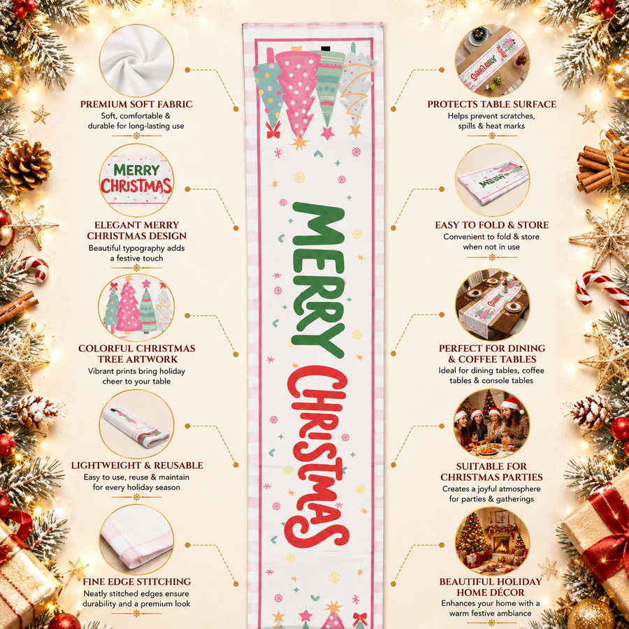 Christmas Table Runner – Merry Christmas Printed Holiday Table Decoration (170 × 34 cm)