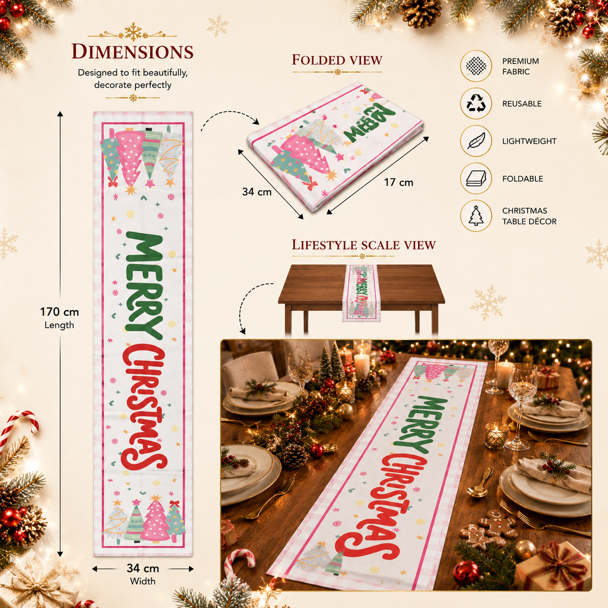 Christmas Table Runner – Merry Christmas Printed Holiday Table Decoration (170 × 34 cm)