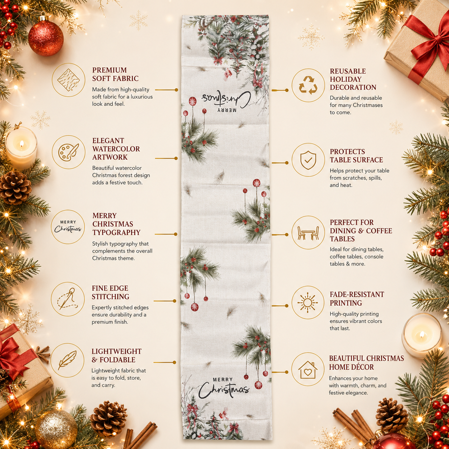 Christmas Table Runner – Watercolor Forest Print | Premium Fabric | 179 × 33 cm