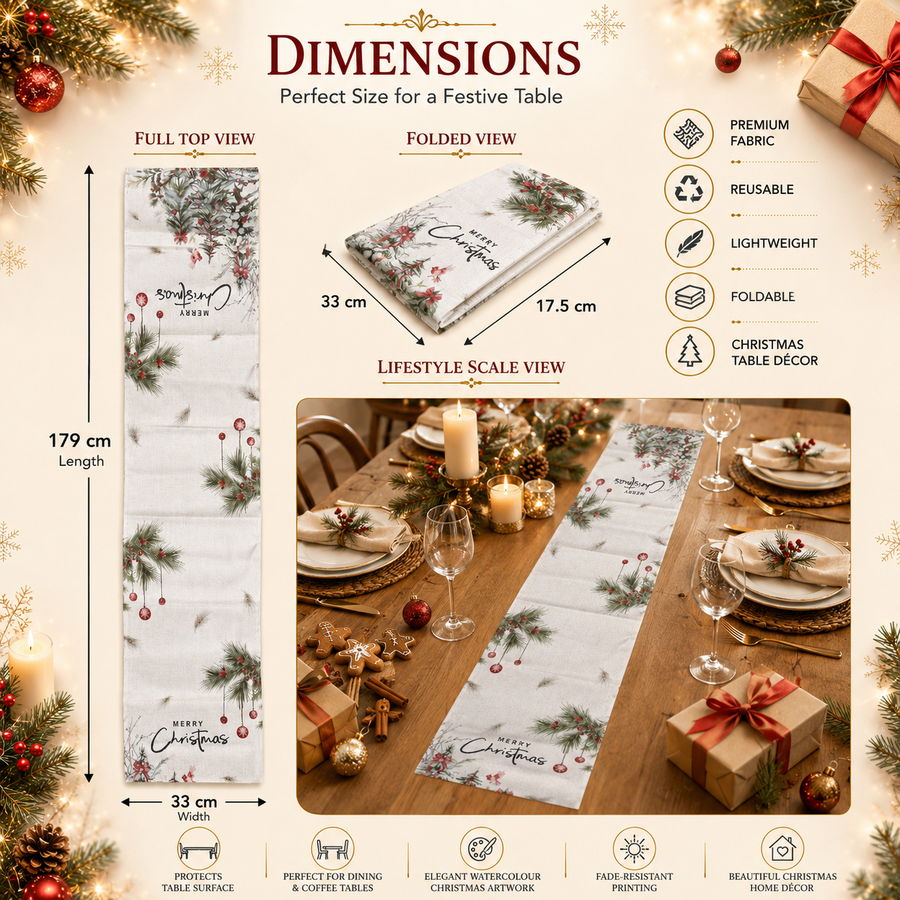 Christmas Table Runner – Watercolor Forest Print | Premium Fabric | 179 × 33 cm