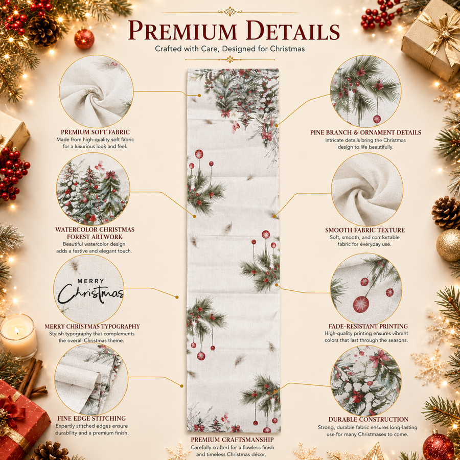 Christmas Table Runner – Watercolor Forest Print | Premium Fabric | 179 × 33 cm