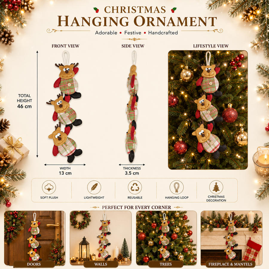 Christmas Plush Hanging Ornament Set – 9 Pieces (3 Reindeer, 3 Santa, 3 Snowman)