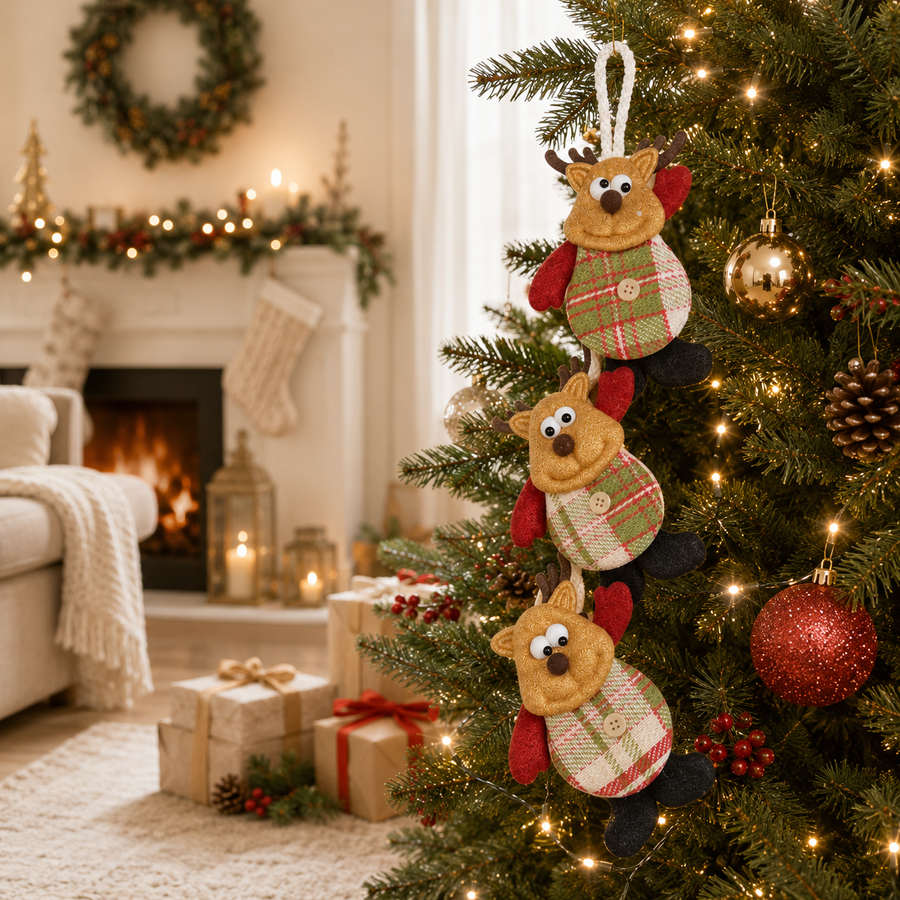 Christmas Plush Hanging Ornament Set – 9 Pieces (3 Reindeer, 3 Santa, 3 Snowman)