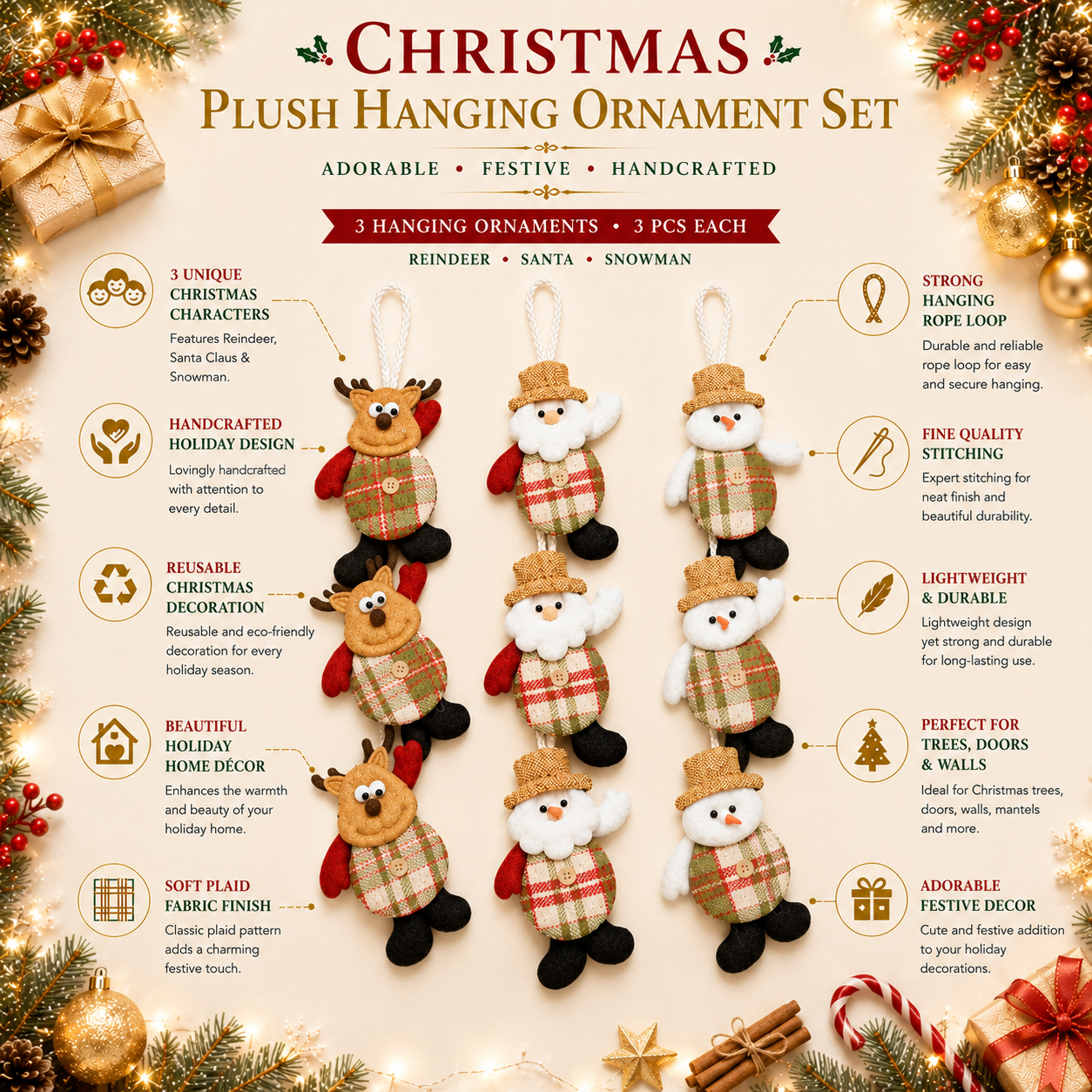 Christmas Plush Hanging Ornament Set – 9 Pieces (3 Reindeer, 3 Santa, 3 Snowman)