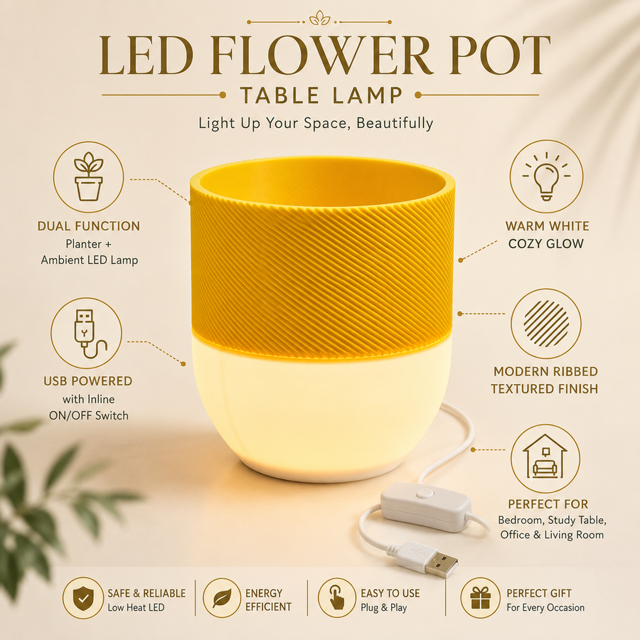 LED Flower Pot Table Lamp | USB Powered Warm White Ambient Planter Light | Decorative Desk & Bedside Lamp