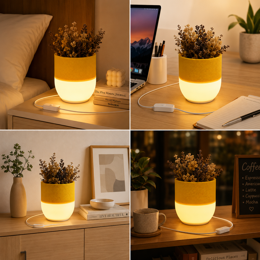 LED Flower Pot Table Lamp | USB Powered Warm White Ambient Planter Light | Decorative Desk & Bedside Lamp