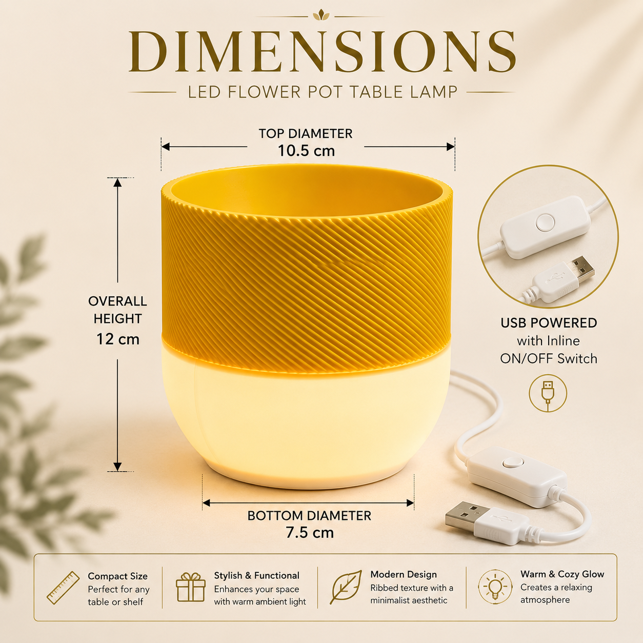 LED Flower Pot Table Lamp | USB Powered Warm White Ambient Planter Light | Decorative Desk & Bedside Lamp