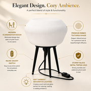 Modern Scandinavian Tripod Table Lamp | Ribbed White Shade | E27 Decorative Table Lamp for Bedroom, Living Room & Office
