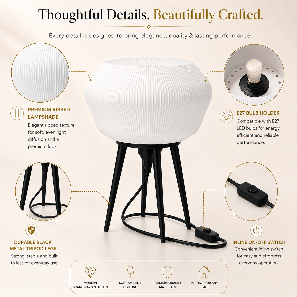 Modern Scandinavian Tripod Table Lamp | Ribbed White Shade | E27 Decorative Table Lamp for Bedroom, Living Room & Office