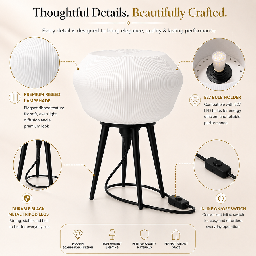 Modern Scandinavian Tripod Table Lamp | Ribbed White Shade | E27 Decorative Table Lamp for Bedroom, Living Room & Office