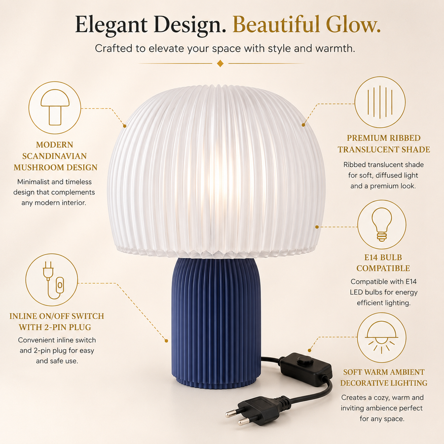 Modern Mushroom Table Lamp | E14 Decorative Bedside Lamp | Ribbed Shade Nordic Table Light for Bedroom, Living Room & Office