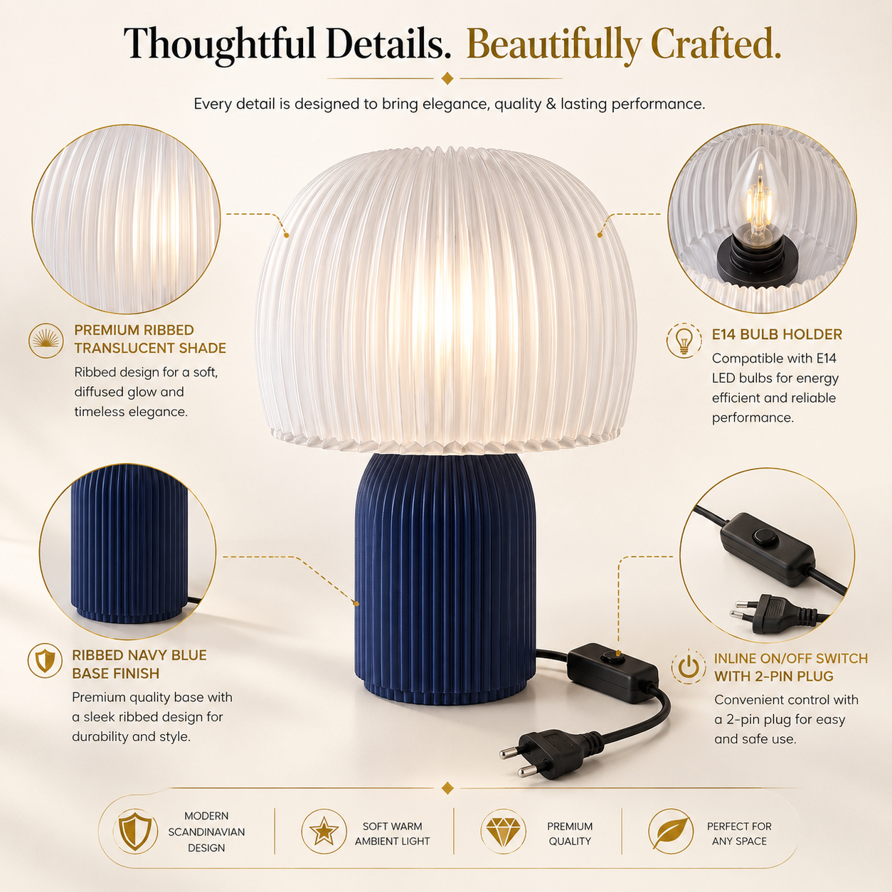 Modern Mushroom Table Lamp | E14 Decorative Bedside Lamp | Ribbed Shade Nordic Table Light for Bedroom, Living Room & Office