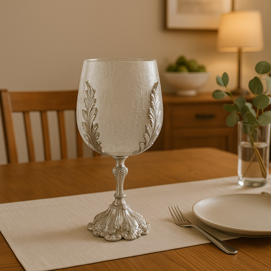 Elegant Crackle Glass Candle Holder Stand with Ornate Silver Base