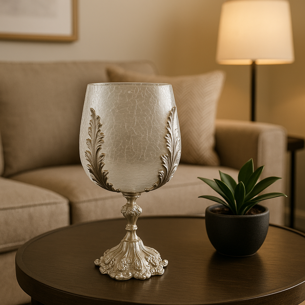 Elegant Crackle Glass Candle Holder Stand with Ornate Silver Base