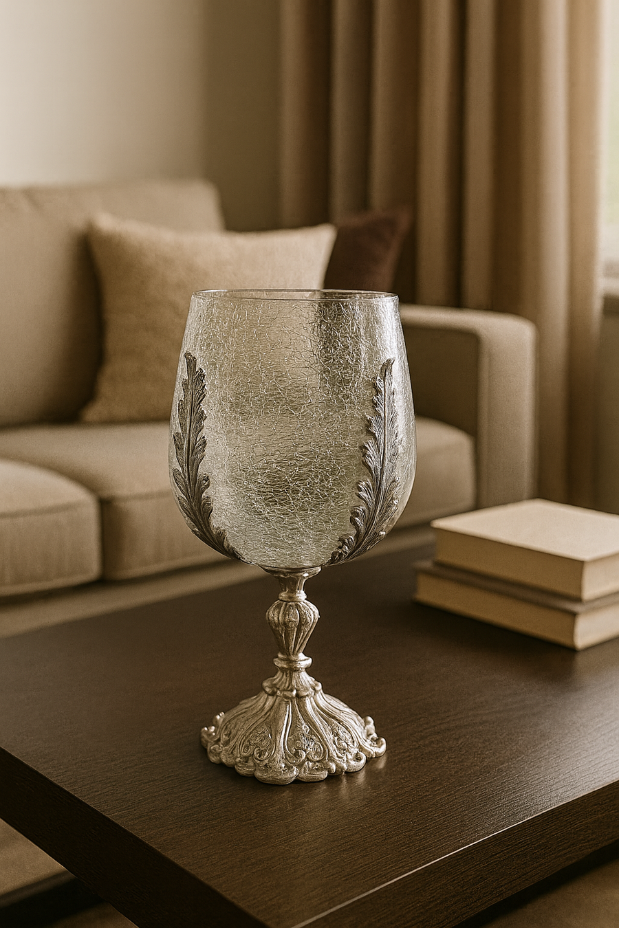 Elegant Crackle Glass Candle Holder Stand with Ornate Silver Base