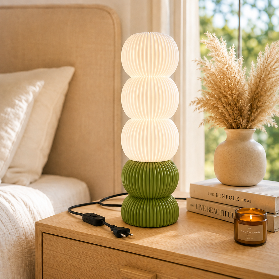 Modern Ribbed Table Lamp with Olive Green Base | E27 Decorative Bedside Lamp