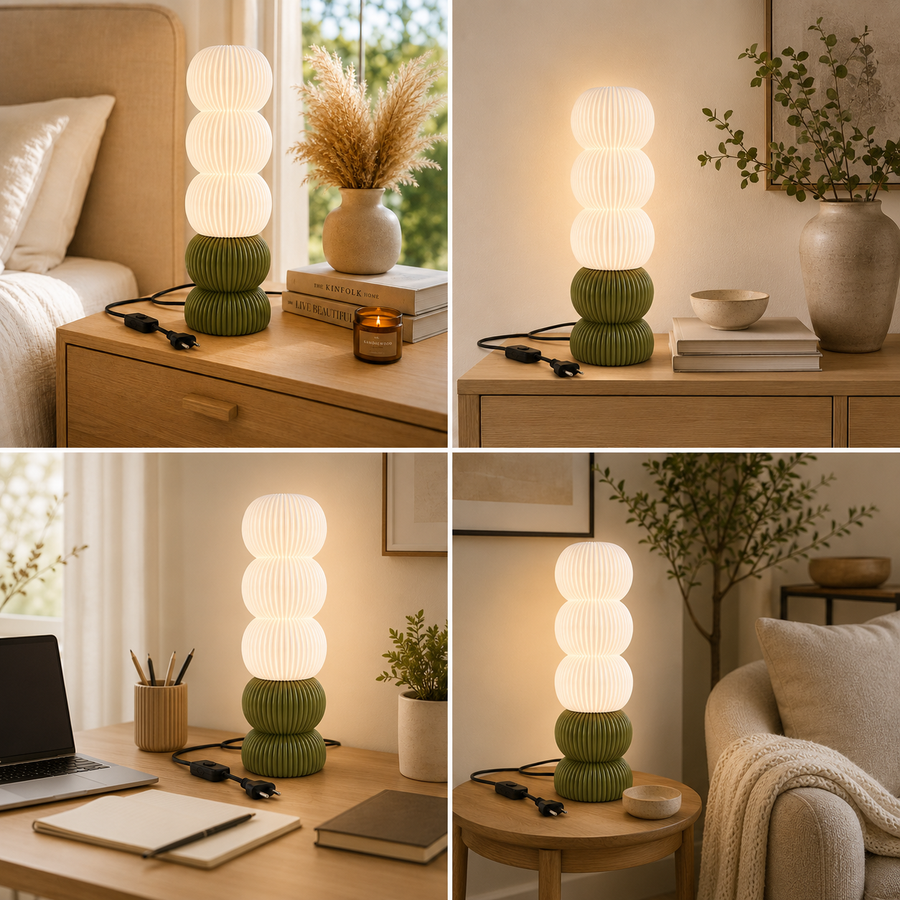 Modern Ribbed Table Lamp with Olive Green Base | E27 Decorative Bedside Lamp