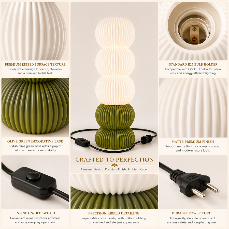 Modern Ribbed Table Lamp with Olive Green Base | E27 Decorative Bedside Lamp