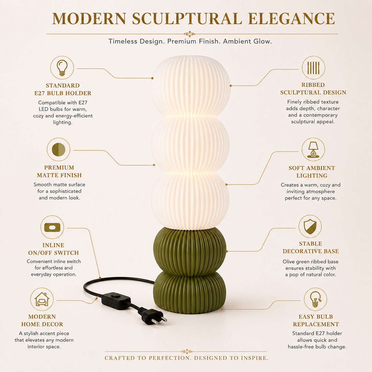 Modern Ribbed Table Lamp with Olive Green Base | E27 Decorative Bedside Lamp