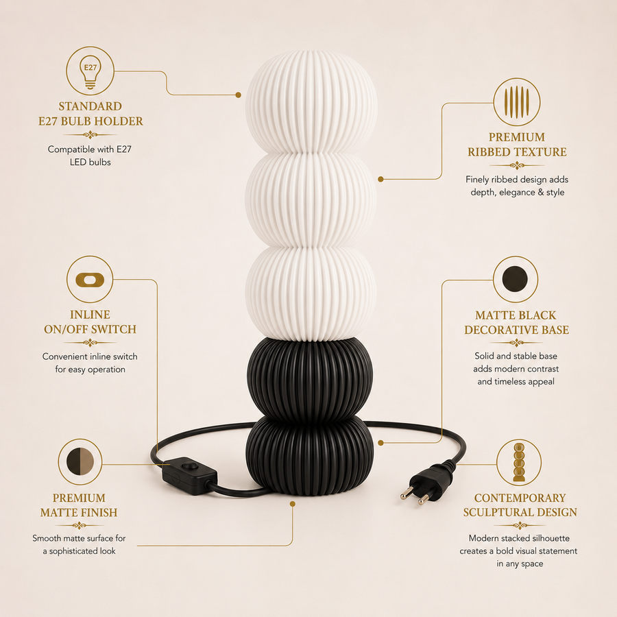 Modern Ribbed Table Lamp | Matte Black Base | E27 Holder