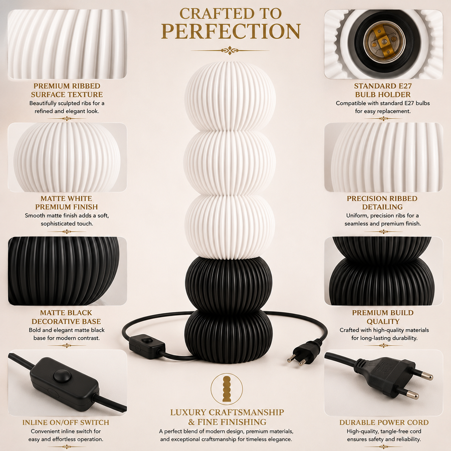 Modern Ribbed Table Lamp | Matte Black Base | E27 Holder