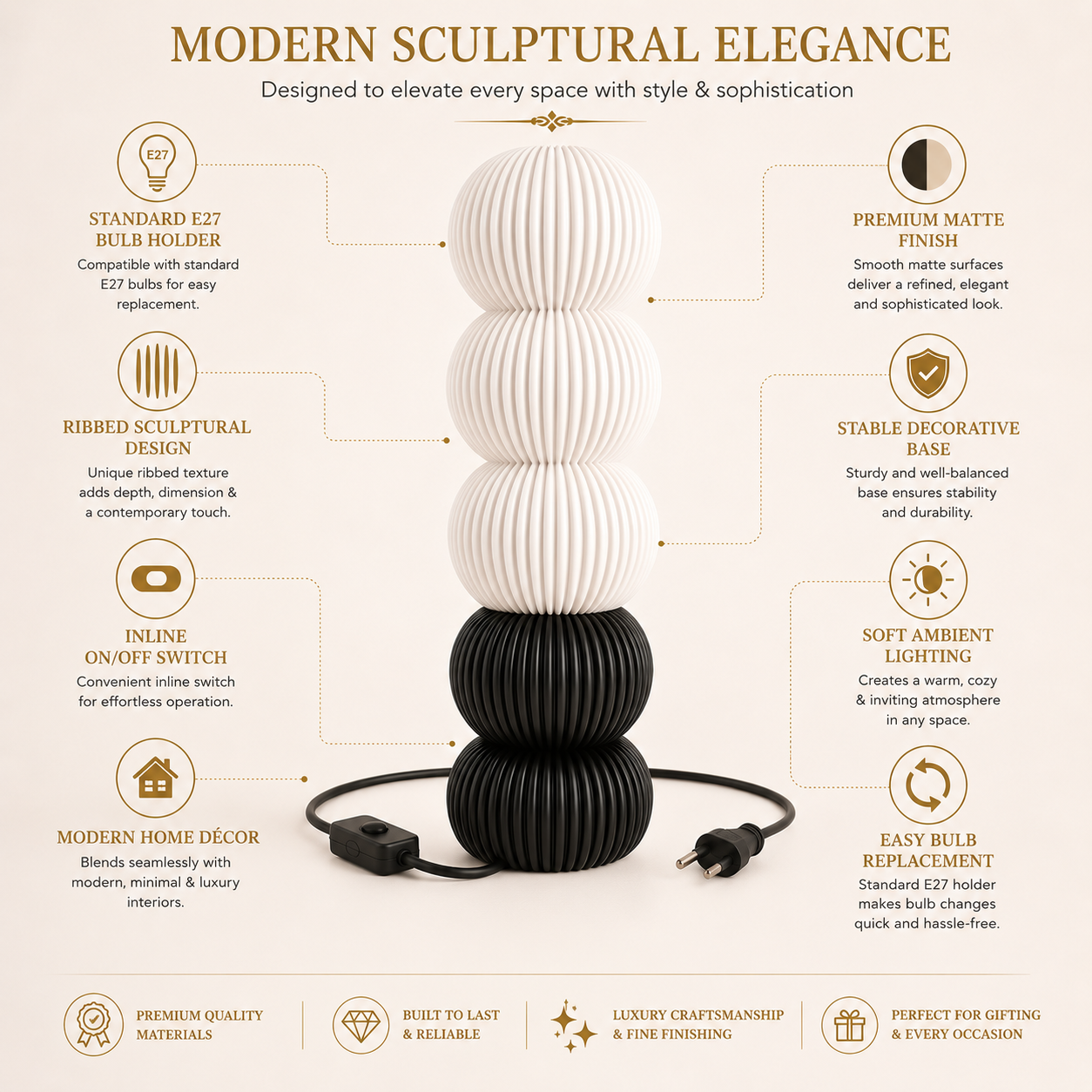 Modern Ribbed Table Lamp | Matte Black Base | E27 Holder