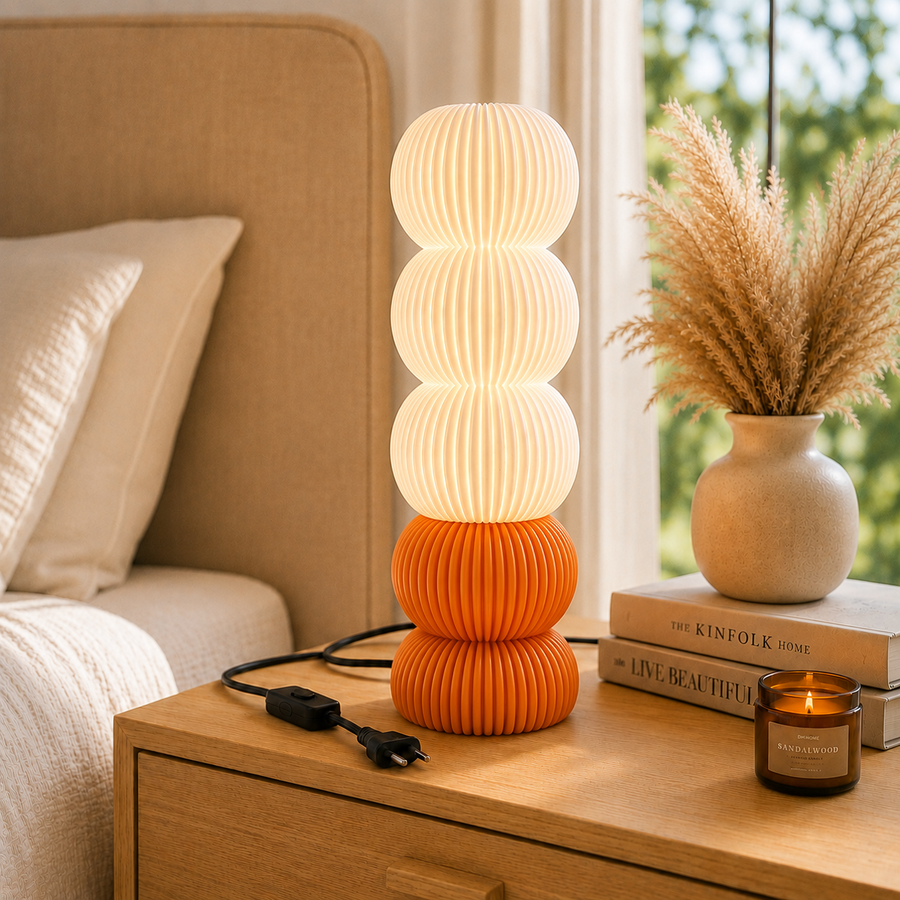 Modern Ribbed Table Lamp with Matte Orange Base | Decorative E27 Table Lamp | Contemporary Bedside & Living Room Lamp