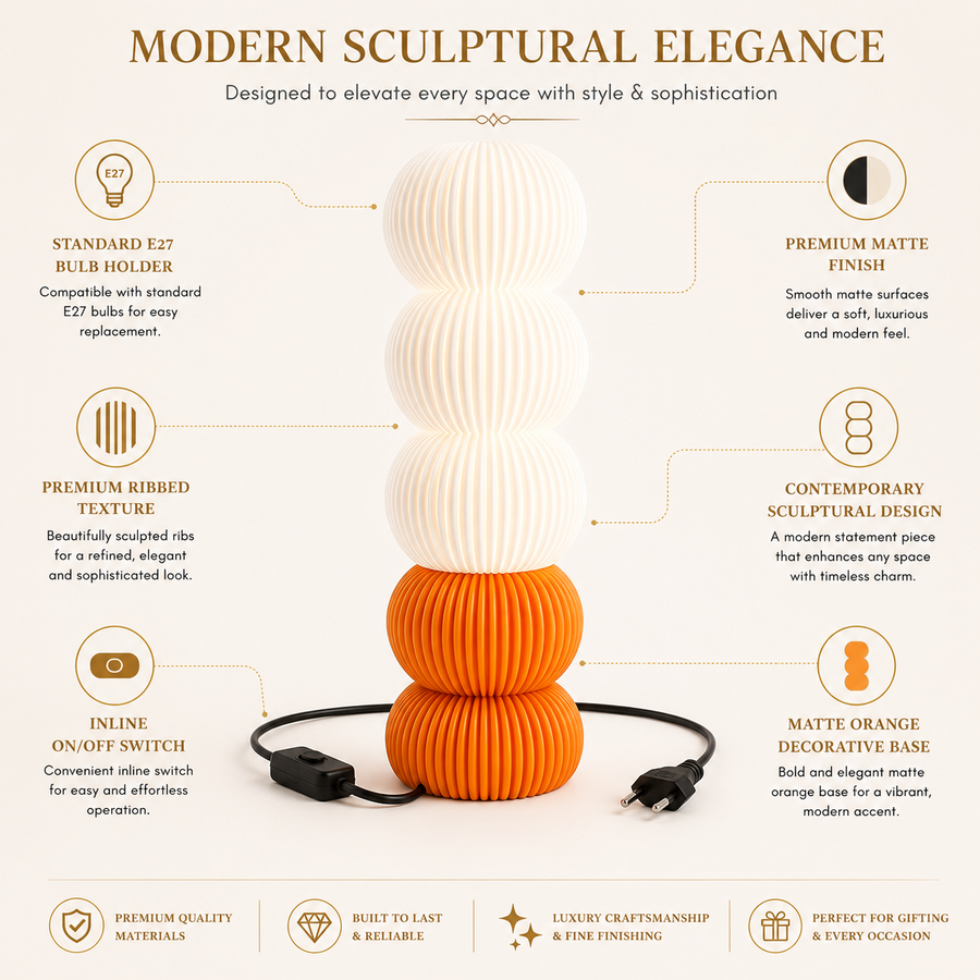 Modern Ribbed Table Lamp with Matte Orange Base | Decorative E27 Table Lamp | Contemporary Bedside & Living Room Lamp