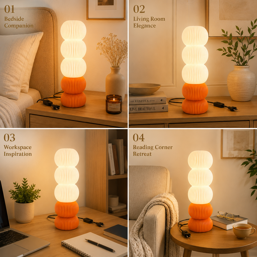 Modern Ribbed Table Lamp with Matte Orange Base | Decorative E27 Table Lamp | Contemporary Bedside & Living Room Lamp