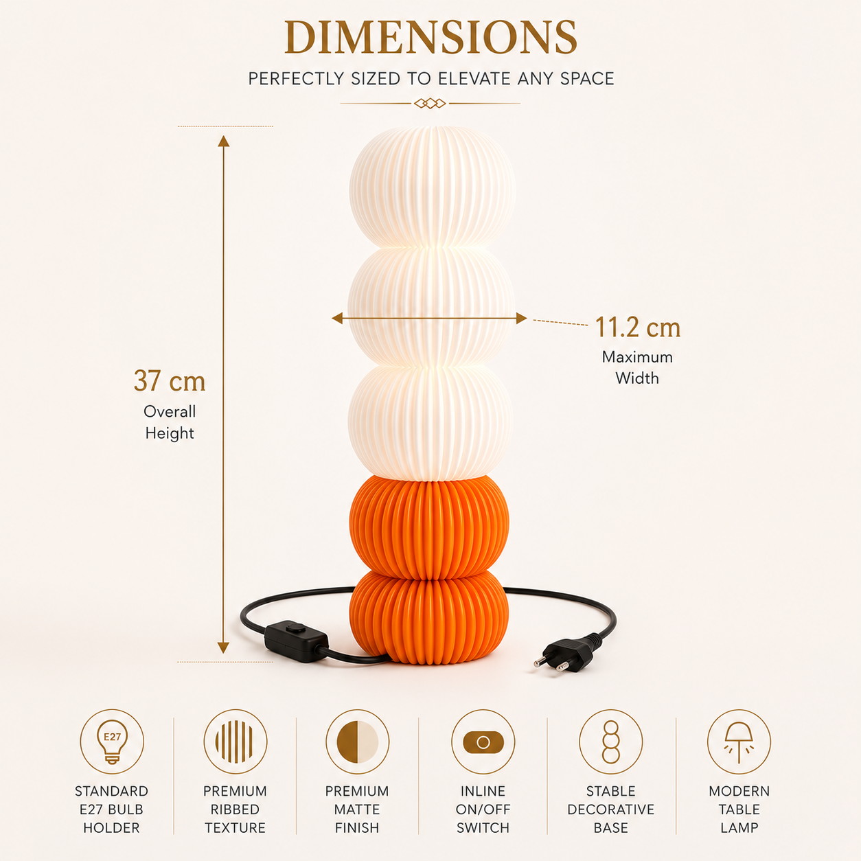 Modern Ribbed Table Lamp with Matte Orange Base | Decorative E27 Table Lamp | Contemporary Bedside & Living Room Lamp