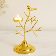 Gold Metal Bird Tree T-light Candle Holder (1 Pc) | Decorative T-Light Stand for Home Décor, Diwali & Festive Table Centerpiece | Height 22 cm | Base 10 x 10 cm