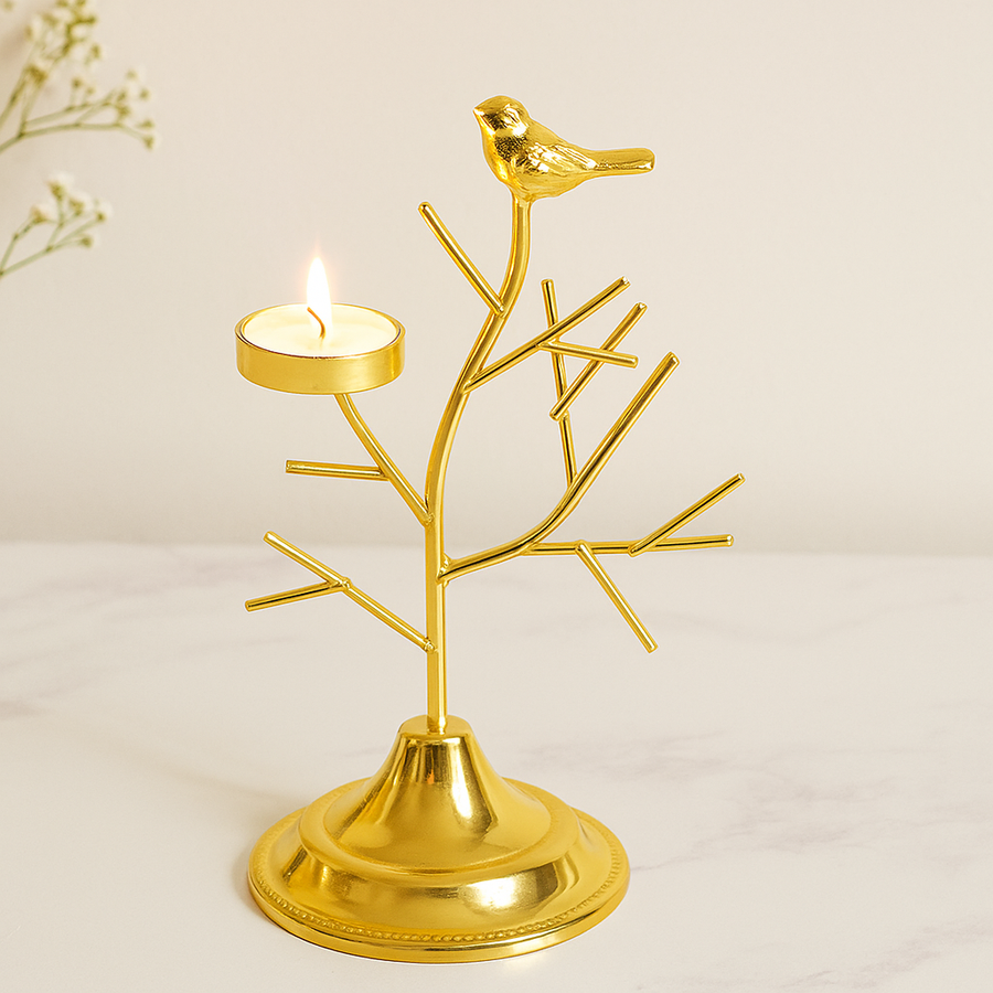 Gold Metal Bird Tree T-light Candle Holder (1 Pc) | Decorative T-Light Stand for Home Décor, Diwali & Festive Table Centerpiece | Height 22 cm | Base 10 x 10 cm