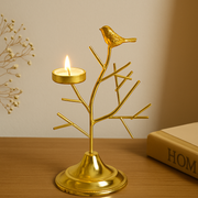 Gold Metal Bird Tree T-light Candle Holder (1 Pc) | Decorative T-Light Stand for Home Décor, Diwali & Festive Table Centerpiece | Height 22 cm | Base 10 x 10 cm