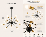 Coral Tree Modern 12-Light Sputnik Chandelier | Black & Gold Metal Ceiling Light | E27 Bulb Holder | 70 x 70 x 120 cm | Mid-Century Modern Pendant Light for Living Room, Dining Room & Bedroom