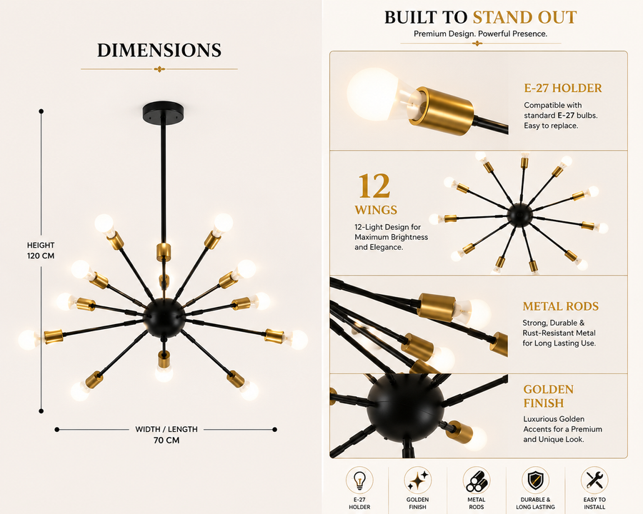 Coral Tree Modern 12-Light Sputnik Chandelier | Black & Gold Metal Ceiling Light | E27 Bulb Holder | 70 x 70 x 120 cm | Mid-Century Modern Pendant Light for Living Room, Dining Room & Bedroom