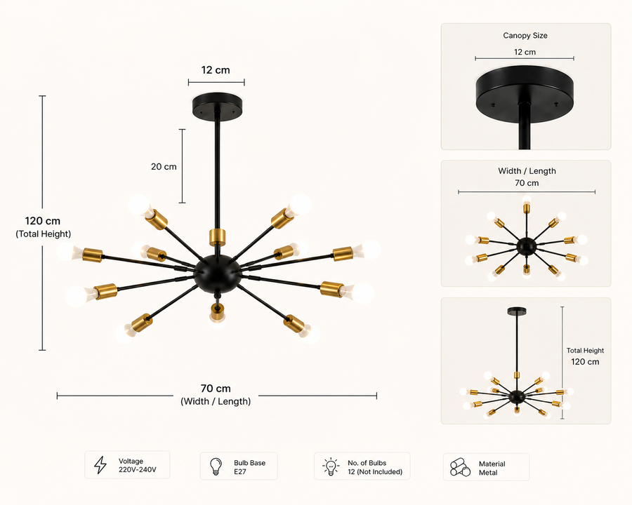 Coral Tree Modern 12-Light Sputnik Chandelier | Black & Gold Metal Ceiling Light | E27 Bulb Holder | 70 x 70 x 120 cm | Mid-Century Modern Pendant Light for Living Room, Dining Room & Bedroom