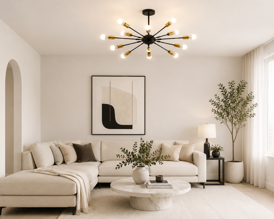 Coral Tree Modern 12-Light Sputnik Chandelier | Black & Gold Metal Ceiling Light | E27 Bulb Holder | 70 x 70 x 120 cm | Mid-Century Modern Pendant Light for Living Room, Dining Room & Bedroom