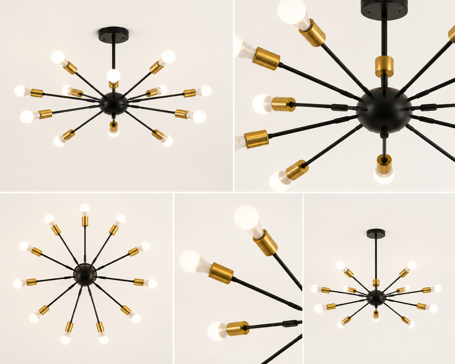 Coral Tree Modern 12-Light Sputnik Chandelier | Black & Gold Metal Ceiling Light | E27 Bulb Holder | 70 x 70 x 120 cm | Mid-Century Modern Pendant Light for Living Room, Dining Room & Bedroom