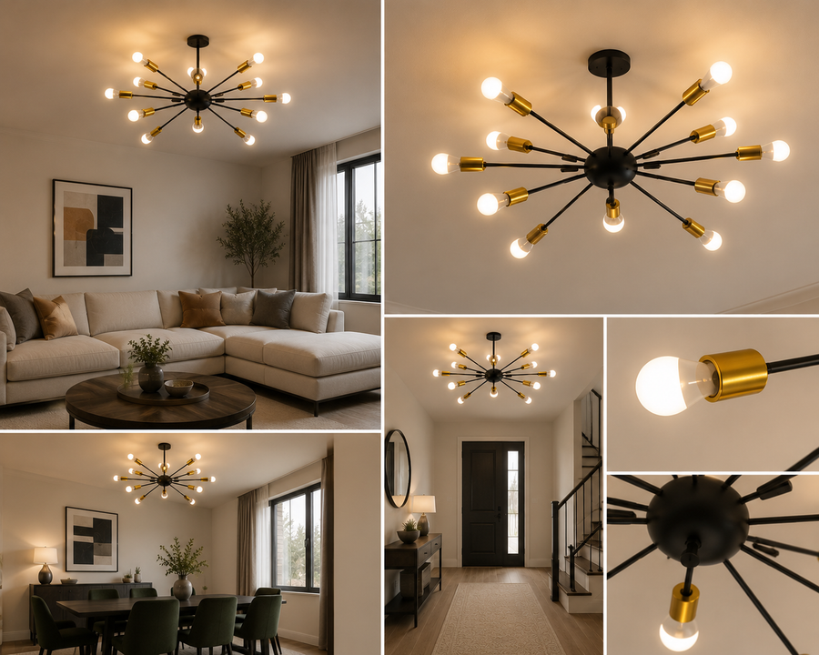 Coral Tree Modern 12-Light Sputnik Chandelier | Black & Gold Metal Ceiling Light | E27 Bulb Holder | 70 x 70 x 120 cm | Mid-Century Modern Pendant Light for Living Room, Dining Room & Bedroom