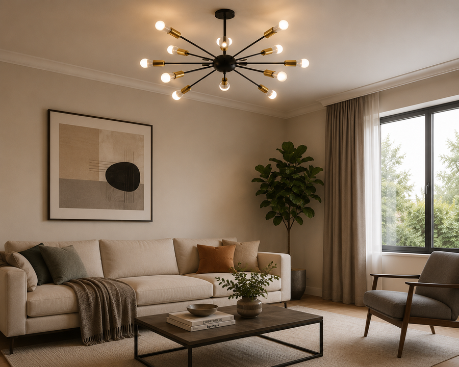 Coral Tree Modern 12-Light Sputnik Chandelier | Black & Gold Metal Ceiling Light | E27 Bulb Holder | 70 x 70 x 120 cm | Mid-Century Modern Pendant Light for Living Room, Dining Room & Bedroom