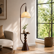 Coral Tree Modern Floor Lamp with Built-in Side Table | Wooden Finish | Fabric Pleated Shade | Ambient Living Room & Bedroom Standing Lamp