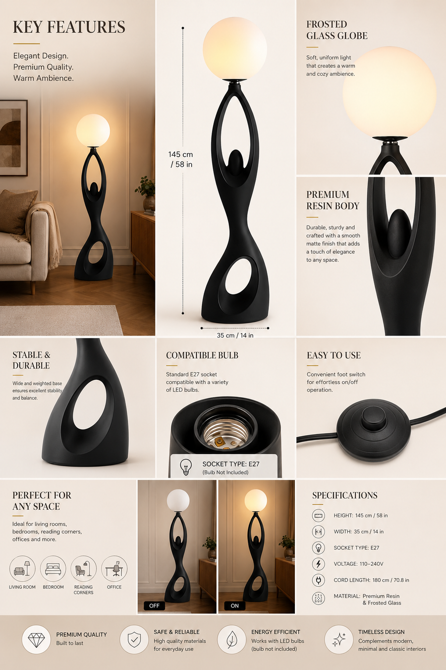 Coral Tree Modern Resin Floor Lamp with Frosted Glass Globe | Contemporary Sculptural Standing Lamp | E27 Holder | Premium Matte Black Floor Light for Living Room, Bedroom & Office