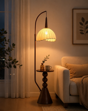 Coral Tree Modern Floor Lamp with Built-in Side Table | Wooden Finish | Fabric Pleated Shade | Ambient Living Room & Bedroom Standing Lamp