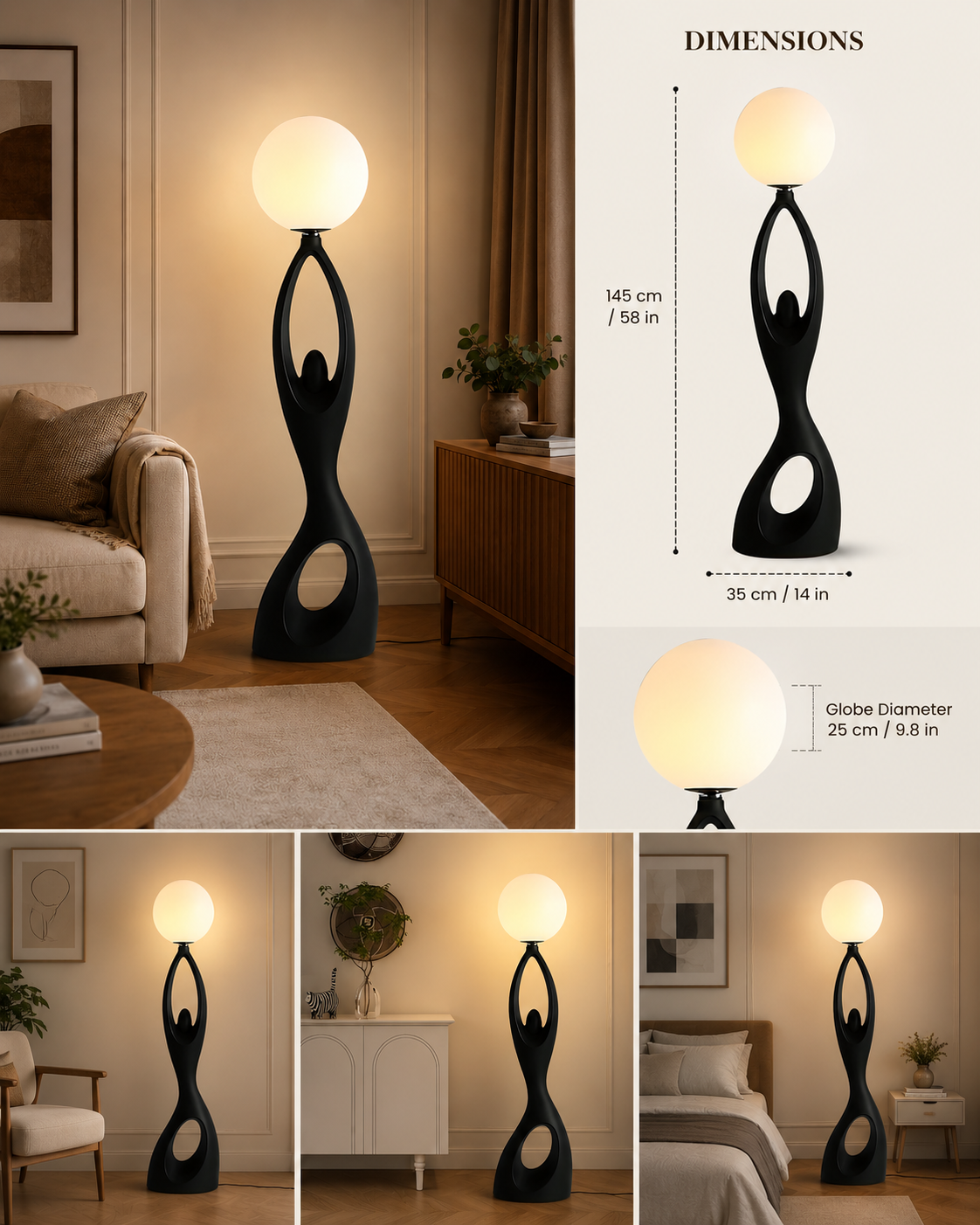 Coral Tree Modern Resin Floor Lamp with Frosted Glass Globe | Contemporary Sculptural Standing Lamp | E27 Holder | Premium Matte Black Floor Light for Living Room, Bedroom & Office