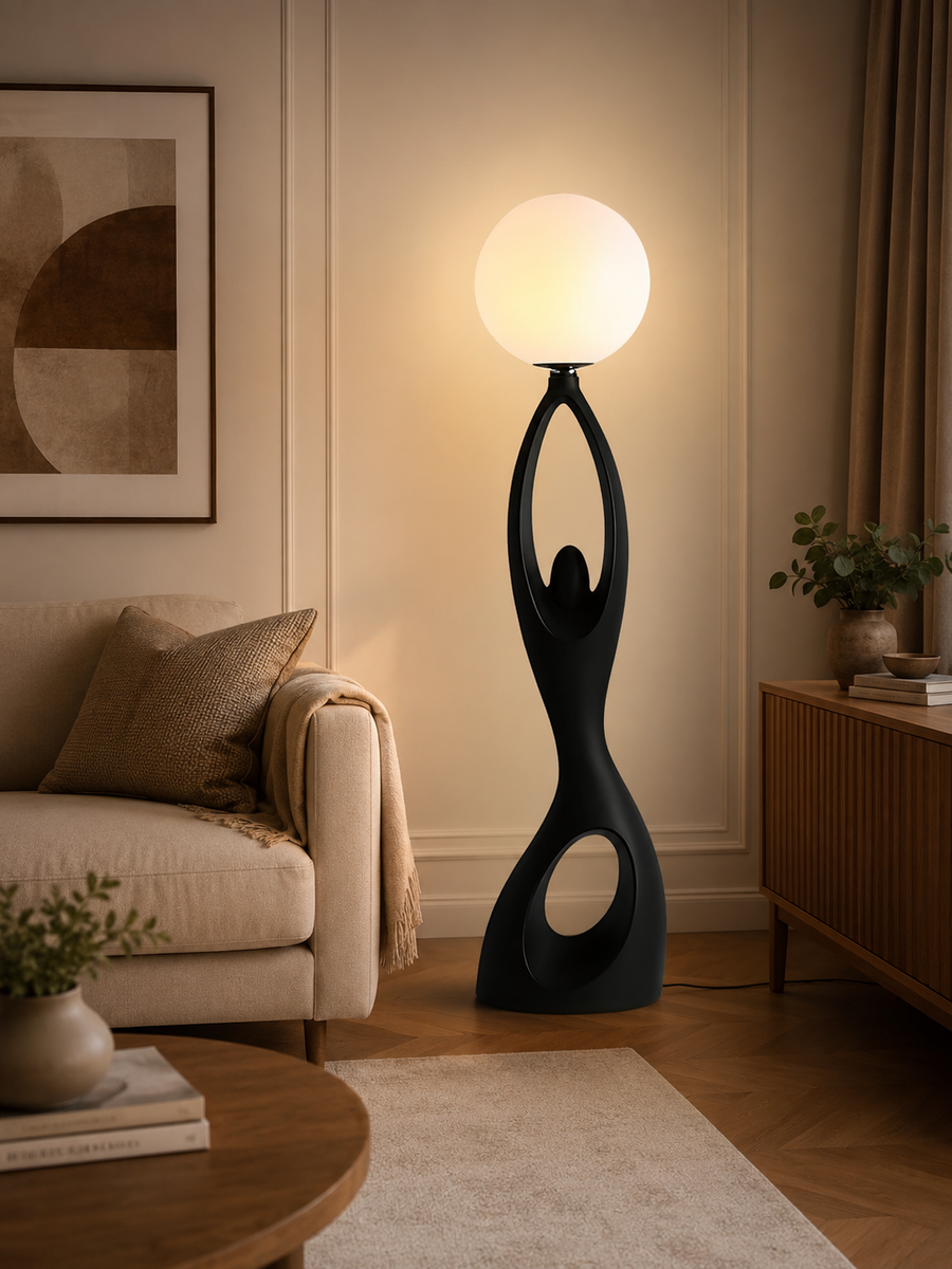 Coral Tree Modern Resin Floor Lamp with Frosted Glass Globe | Contemporary Sculptural Standing Lamp | E27 Holder | Premium Matte Black Floor Light for Living Room, Bedroom & Office