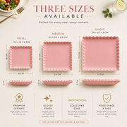 Coral Tree Scalloped Ceramic Square Plate | Decorative Serving Plate | 3 Size Options Pink