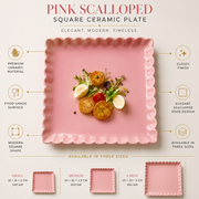 Coral Tree Scalloped Ceramic Square Plate | Decorative Serving Plate | 3 Size Options Pink